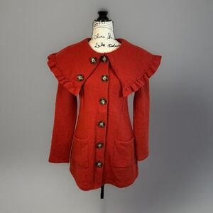 Anthropologie Ruffled Collar Wool Blend Coat Front Pockets Red  Unique Chic sz S